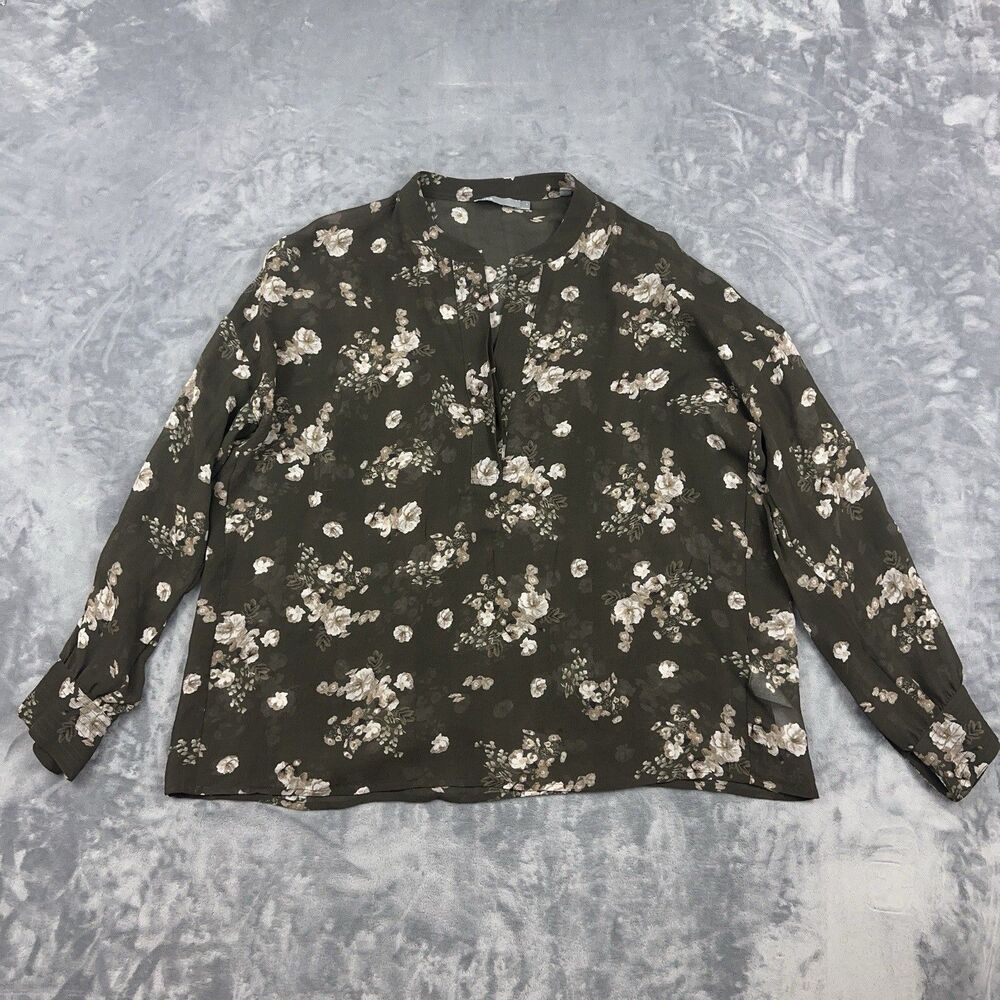 Vince Blouse Womens Size M Green Silk Floral Sheer Long Sleeve V-Neck Top